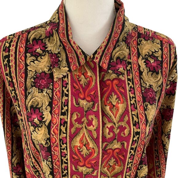 Christie & Jill Vintage Blouse XL Baroque Floral Scroll Print Button Down Shirt - Picture 3 of 8
